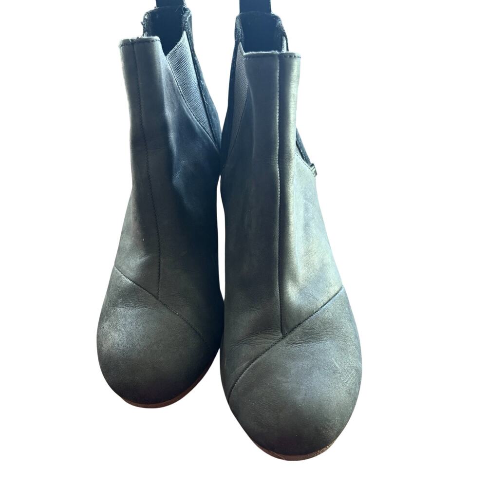 Tom’s Women’s Kelsey Booties Sz 8 Black Suede Leather Wedge Wood Look Heal
